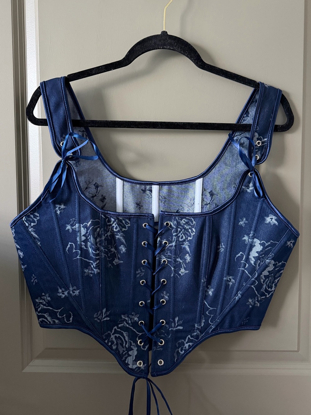 Handmade Navy Blue Corset Top, Renaissance Overbust, Front Lace Bustier - Picture 2 of 16